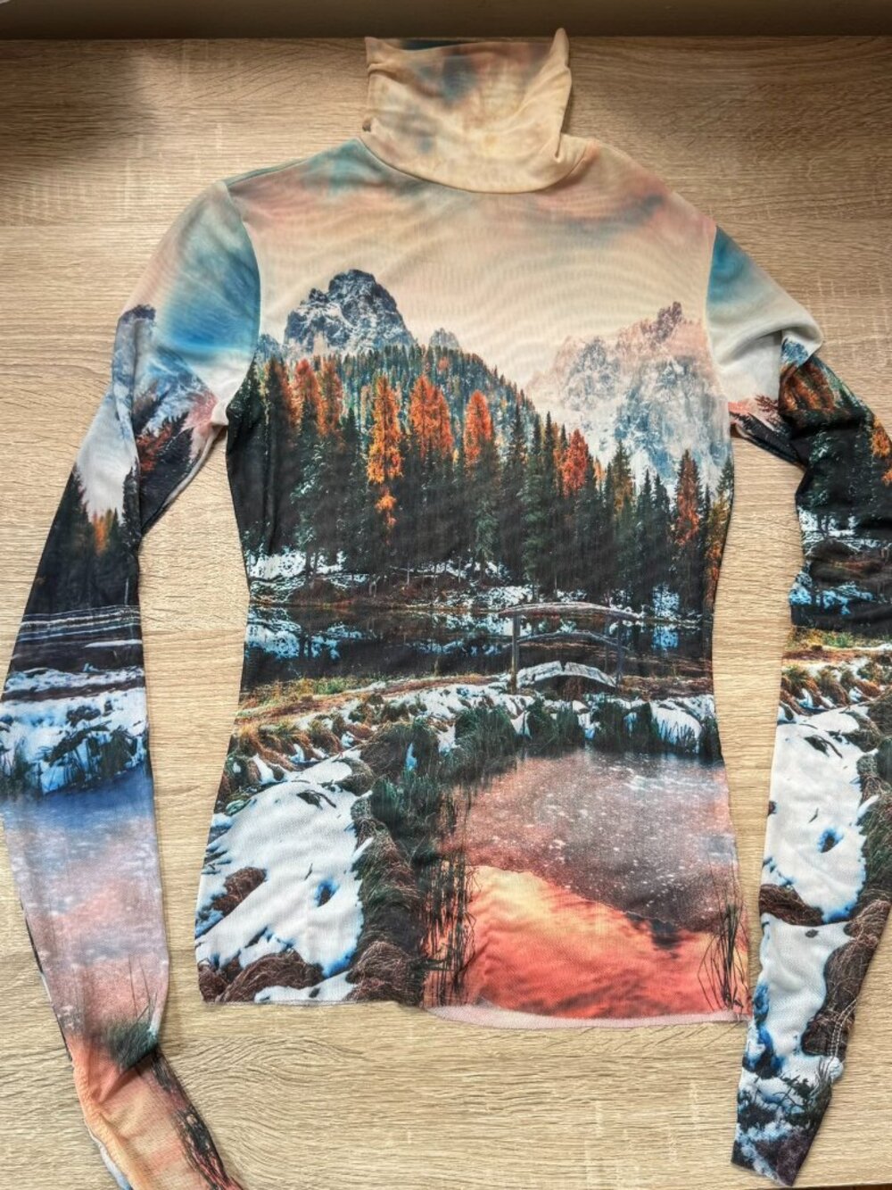 AFRM Zadie Semi-Sheer Long-Sleeve Turtleneck Top in Winter Landscape XS